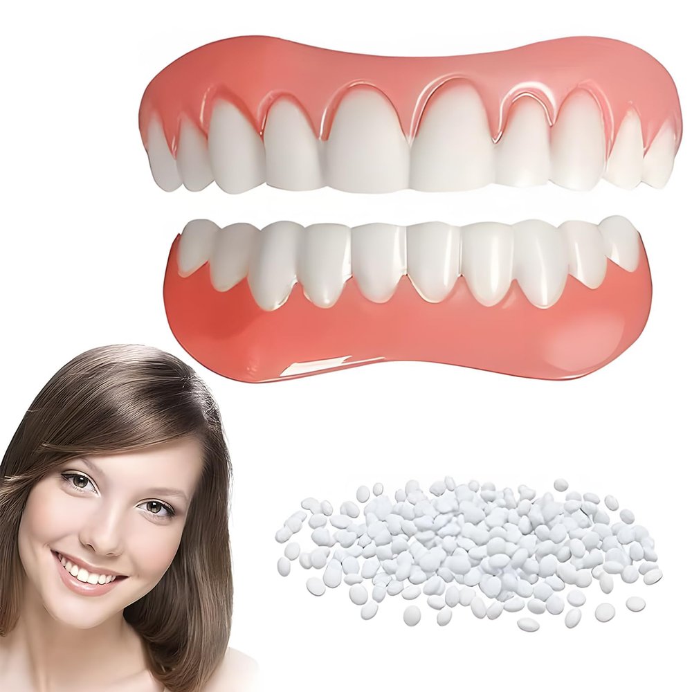 1 Pair of Snap-On Dentures Set, Comfortable Silicone False Teeth for Upper & Lower Jaw, Instant Smile Enhancer for Men Women with Bad Teeth, Temporary Veneer False Teeth for Interviews Dates Parties