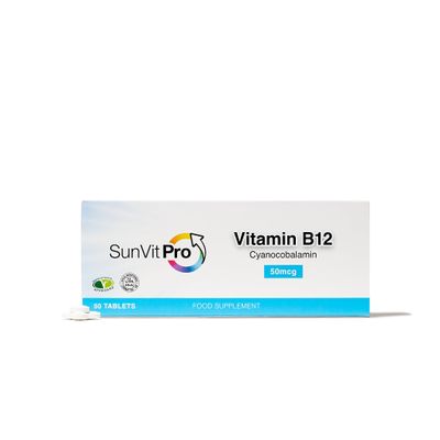Sunvit-Pro Vitamin B12 Tablets High Strength Cyanocobalamin 50mcg Support to The Reduction of Tiredness, Fatigue & Immunity One Month Plus Supply Made in UK - 50 B12 Tablets