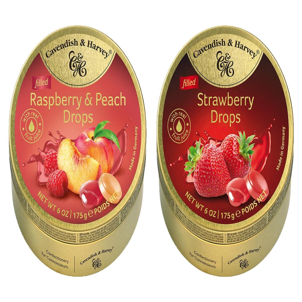 Speciality Mix pack bundle Drops containing "Cavendish and Harvey" Premium Double Fruit Flavoured Travel Sweets - Strawbery and Raspberry & Peach (2 x 175g)