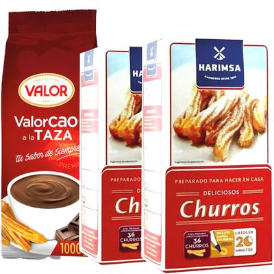 Churro Mix 2 x 500g and Valor Premium Hot Chocolate 1x 1000g Gift Pack Spanish Dessert Kit with Churros Maker Piping Bag and Nozzle Included
