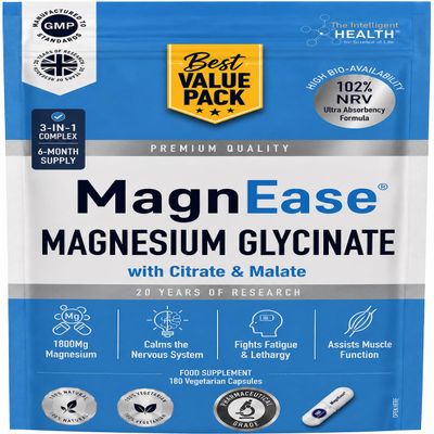 The Intelligent Health MagnEase Magnesium Glycinate 3-in-1 Complex - 1800mg High Bioavailability Magnesium Supplements - with Malate & Citrate for Muscle Function & Fatigue (90)