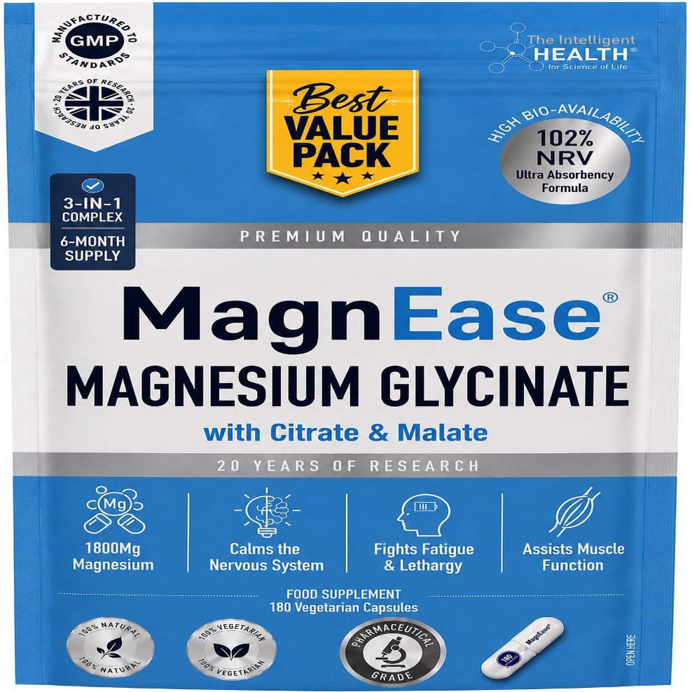 The Intelligent Health MagnEase Magnesium Glycinate 3-in-1 Complex - 1800mg High Bioavailability Magnesium Supplements - with Malate & Citrate for Muscle Function & Fatigue (90)