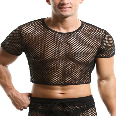 AIEOE Men's Sexy Mesh Shirt See Through Top Fishnet Crop Top Short Sleevele Shirts Muscle Shirt Mesh Undershirt Fishnet Nightwear Party Clubwear Lightweight T-Shirt