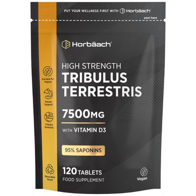 Tribulus Terrestris Extract 7500mg | 120 Vegan Tablets for Men and Women | High Strength 95% Saponins | with Vitamin D3 | by Horbaach