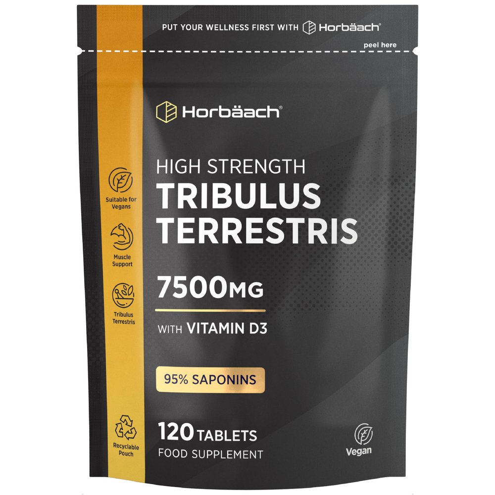 Tribulus Terrestris Extract 7500mg | 120 Vegan Tablets for Men and Women | High Strength 95% Saponins | with Vitamin D3 | by Horbaach
