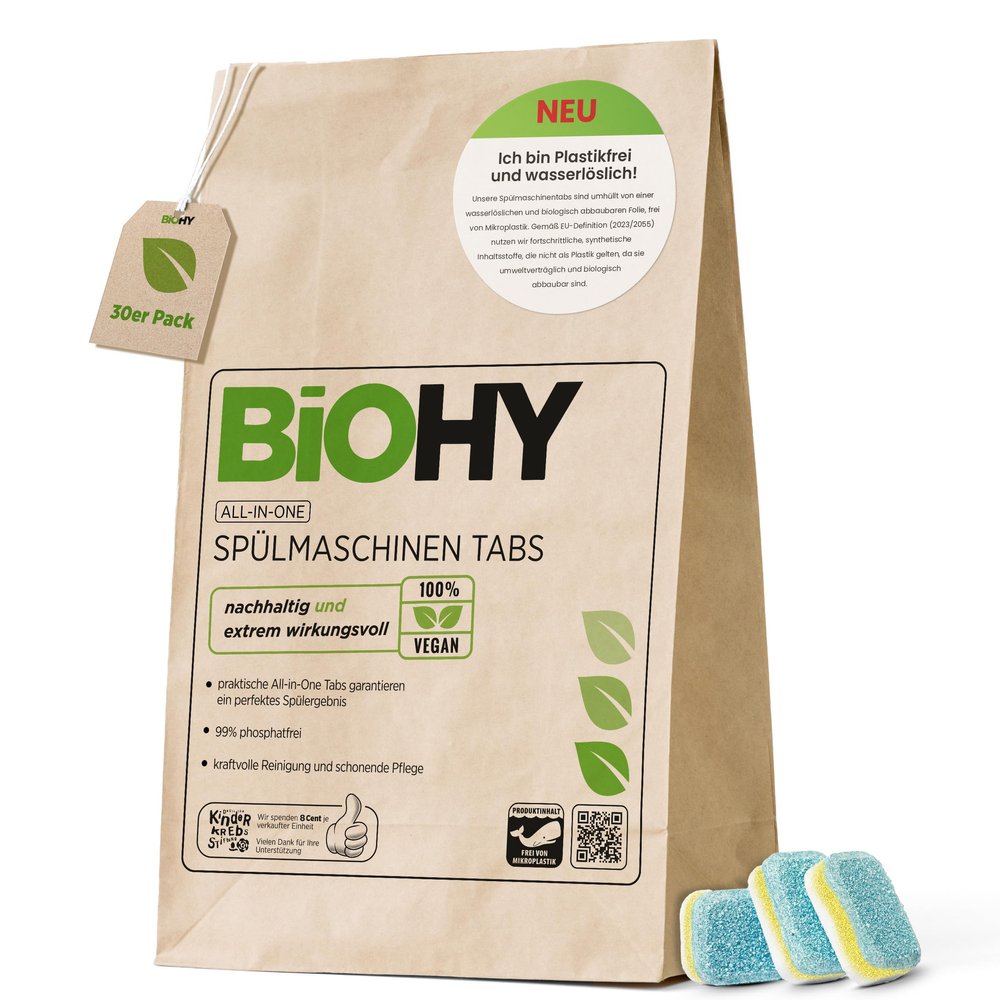 BiOHY All-in-One Dishwasher Tabs (30 Tabs) | Phosphate-Free | For Daily Cleaning of Crockery & Cutlery | Against Stubborn Grease & Food Leftovers | Powerful Eco Dishwasher Tablets