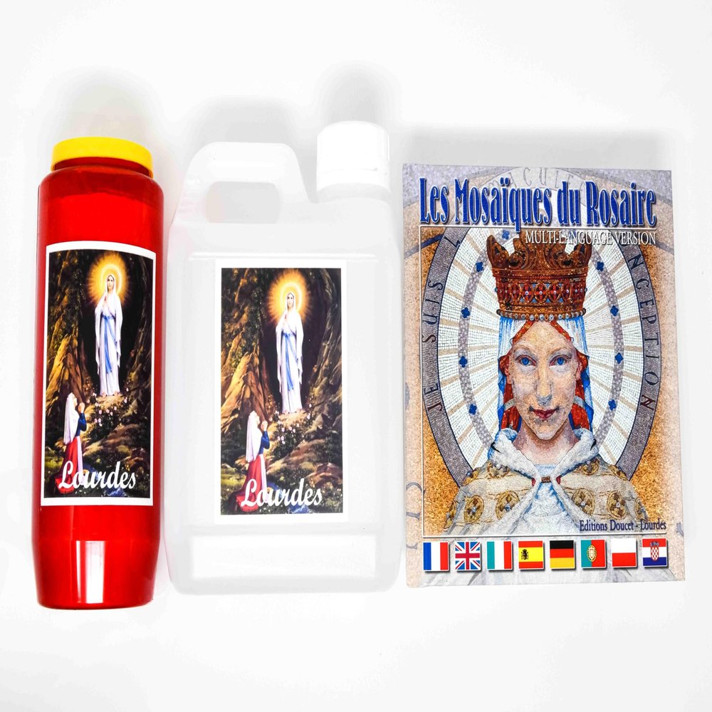 Lourdes Holy Water - 1L with Image & 7 Day/7 Night Red Candle with Image - Mosaics of the Rosary Book