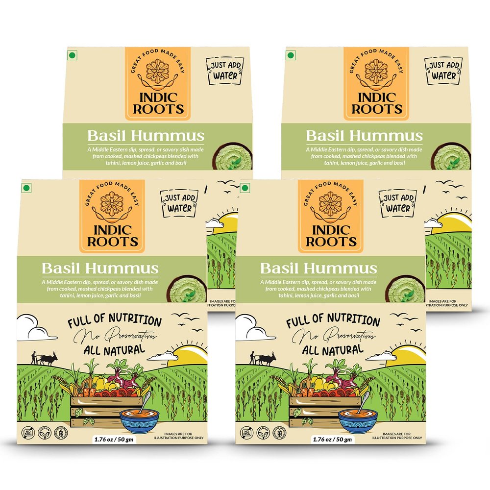 Indic Roots (Organic Roots) Basil Hummus | Fresh Herbs, Classic Flavor | Just Add Water, Instant Food | Healthy Natural Ready to Eat | No MSG (Pack of 4)