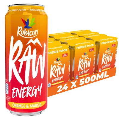 Rubicon RAW 24 Pack Orange & Mango 500ml Energy Drink, 20% Real Fruit Juice, High caffeine with B-Vitamins, Ginseng & Guarana, No Artificial Colours or Flavours, Reduce Tiredness & Boost Energy