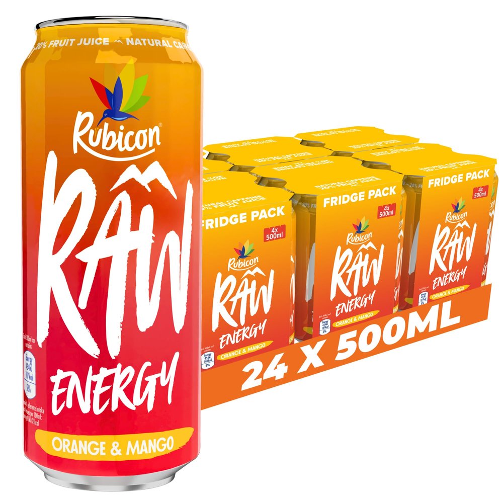 Rubicon RAW 24 Pack Orange & Mango 500ml Energy Drink, 20% Real Fruit Juice, High caffeine with B-Vitamins, Ginseng & Guarana, No Artificial Colours or Flavours, Reduce Tiredness & Boost Energy