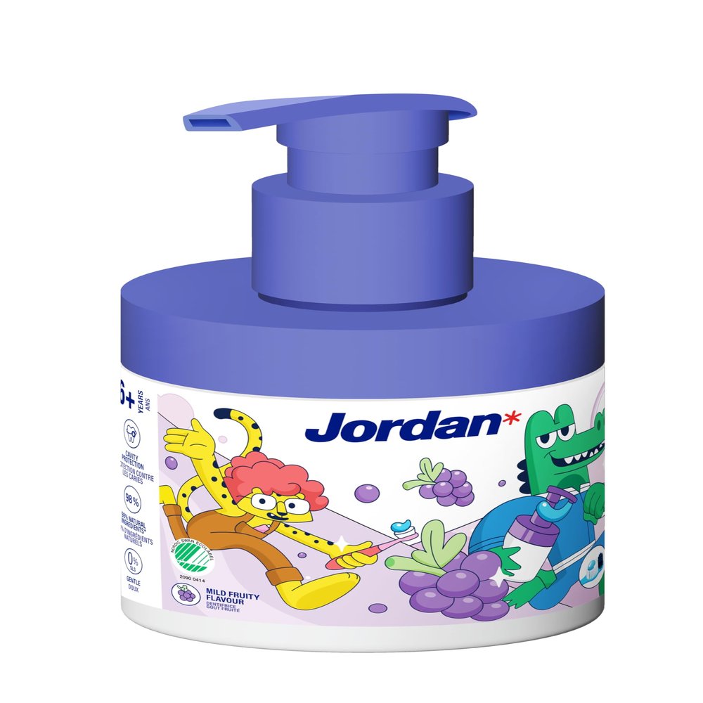 Jordan | Junior Toothpaste Pump | Toothpaste on a Pump Dispenser Equivalent to 3 Regular Tubes | Innovative and Convenient Solution Developed for Children | 6-12 Years | Grape | 1450ppm | 150 ml