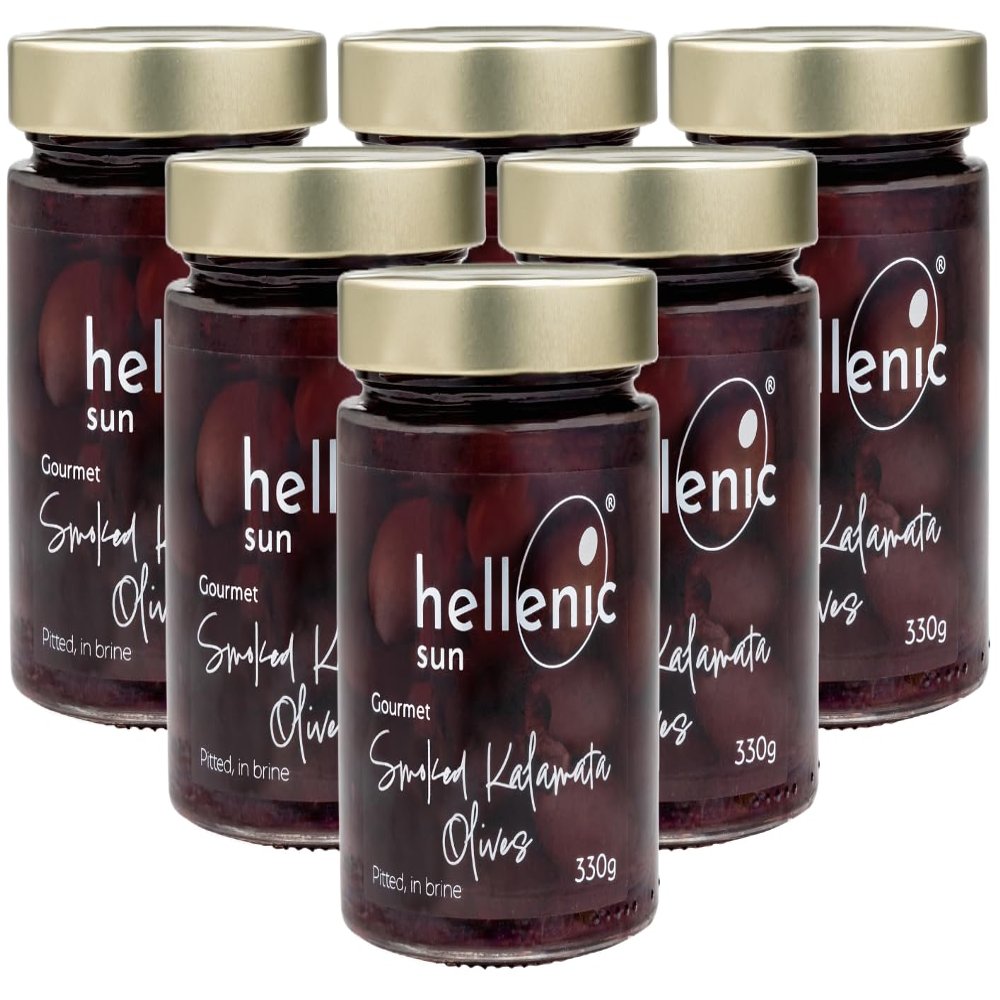 Hellenic Sun - Smoked Pitted Kalamata Olives, Rich Aroma, 6 x 330g, Greek Delicacy