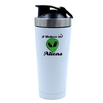 I Believe in Aliens, Space Alien Fans Gift, 500ml Aluminium Shaker Bottle for Supplement Shakes - Easy Clean, Durable Cup. (White)