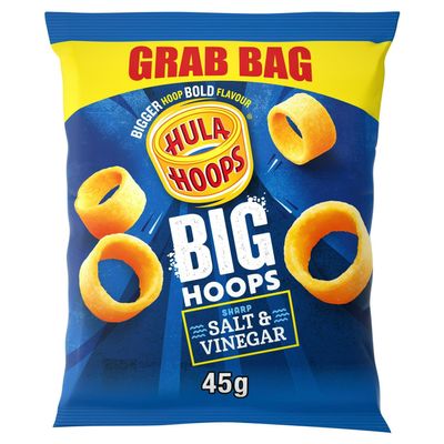 Hula Hoops BIG HOOPS SALT & VINEGAR Grab Bag Crisps 45g Bags, Case of 36 - Bigger Hoop, bold flavour. Bigger than standard sized Hula Hoops, No Artificial Colours or Flavours, Suitable for Vegetarians