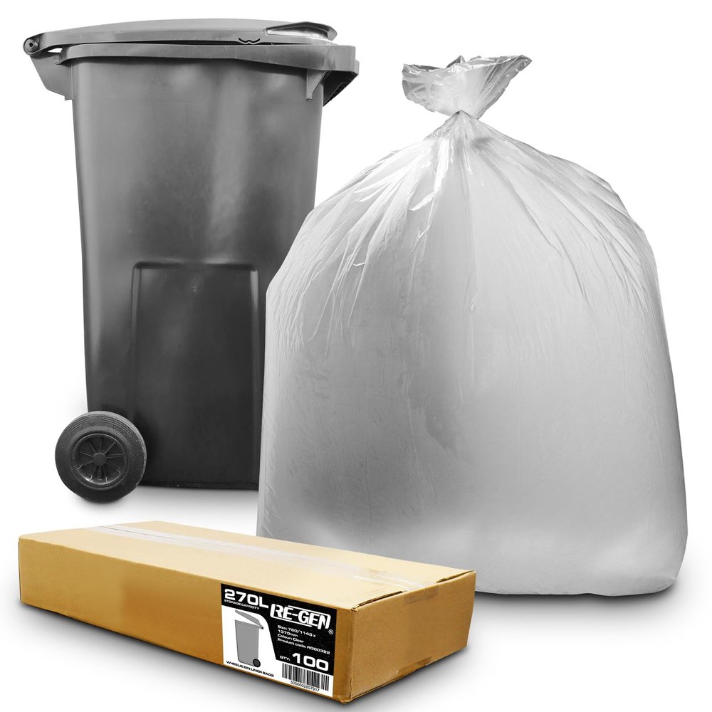 100 Pack | 1 Full Flat Packed Box | RE-GEN 270L 20kg Load Clear Wheelie Bin Liners Refuse Sacks, Everyday Use, Industrial Strength Outside Transparent Garden Bin Bags 760/1145 x 1370mm