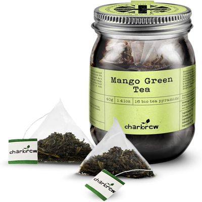 Charbrew Mango Green Tea - 16 Fine Mesh Pyramid Teabags with String & Tag in Reusable Glass Mason Jar | Premium Green Tea Blend with Lemongrass, Orange & Mango