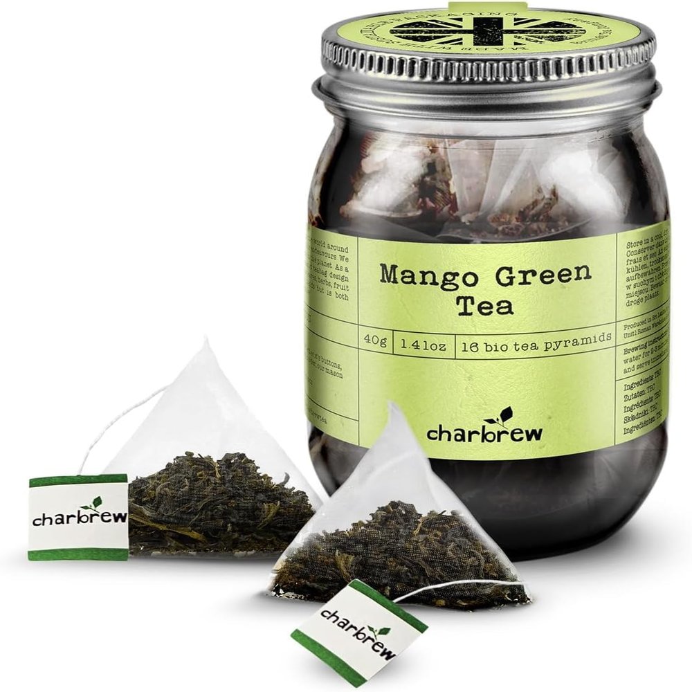 Charbrew Mango Green Tea - 16 Fine Mesh Pyramid Teabags with String & Tag in Reusable Glass Mason Jar | Premium Green Tea Blend with Lemongrass, Orange & Mango