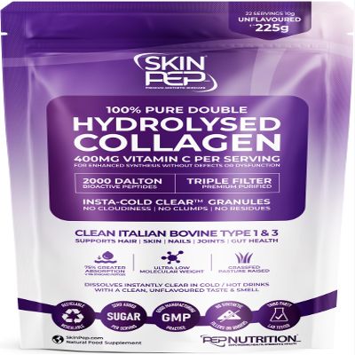 Collagen Peptides Powder 2000 Dalton Bioactive Vitamin C Enhanced Synthesis 225g | SkinPep Unflavoured Triple Filtered, Double Hydrolysed, Grass Fed Bovine Collagen Supplement for Women & Men