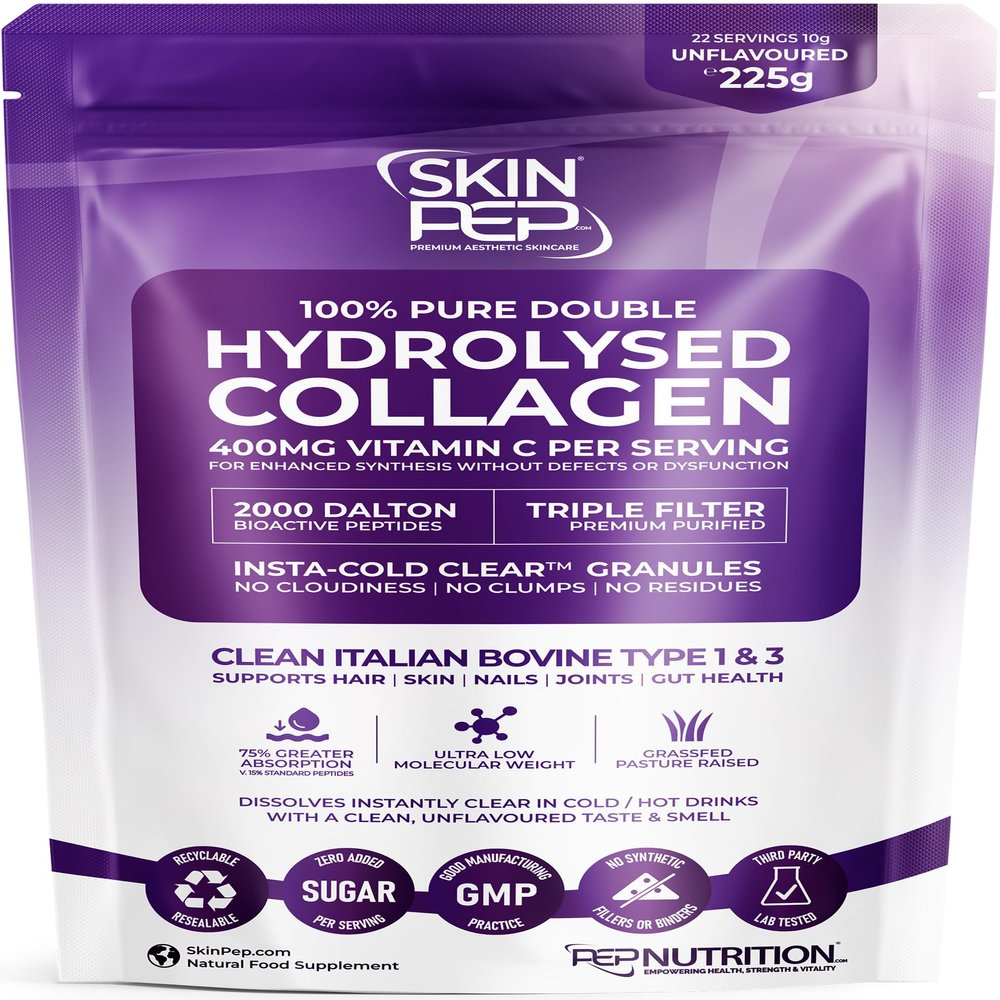 Collagen Peptides Powder 2000 Dalton Bioactive Vitamin C Enhanced Synthesis 225g | SkinPep Unflavoured Triple Filtered, Double Hydrolysed, Grass Fed Bovine Collagen Supplement for Women & Men