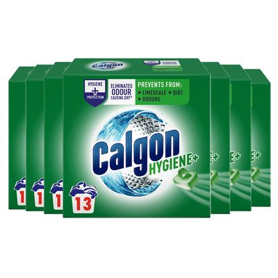 Calgon Hygiene Plus Washing Machine Cleaner and Water Softener Tablets, 13 Count, Pack of 7 | Removes Limescale, Residue, Dirt, Rust & Malodours | Deep Clean | S Pack Size
