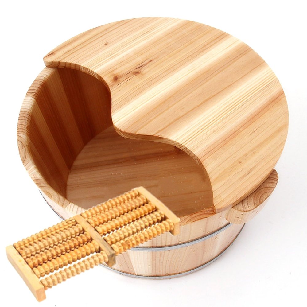 21cm Solid Cedar Wood Foot Basin Tub Bucket, with Massager and lid Solid Wood Handmade,Wooden Foot Basin Set, for Foot Bath, Massage, Spa, Sauna, Soak (Color : 6, Size : Height 21cm)