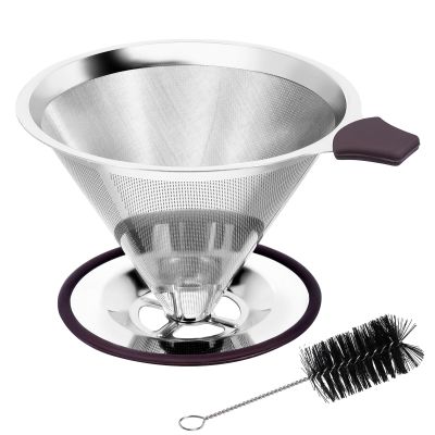 Pour Over Coffee Dripper, Paperless Pour Over Coffee filter, Stainless Steel Reusable Coffee Filters with Double Layer Mesh, Coffee Strainer Cup Stand & Cleaning Brush