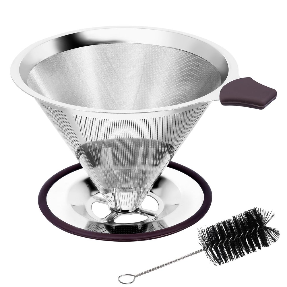 Pour Over Coffee Dripper, Paperless Pour Over Coffee filter, Stainless Steel Reusable Coffee Filters with Double Layer Mesh, Coffee Strainer Cup Stand & Cleaning Brush
