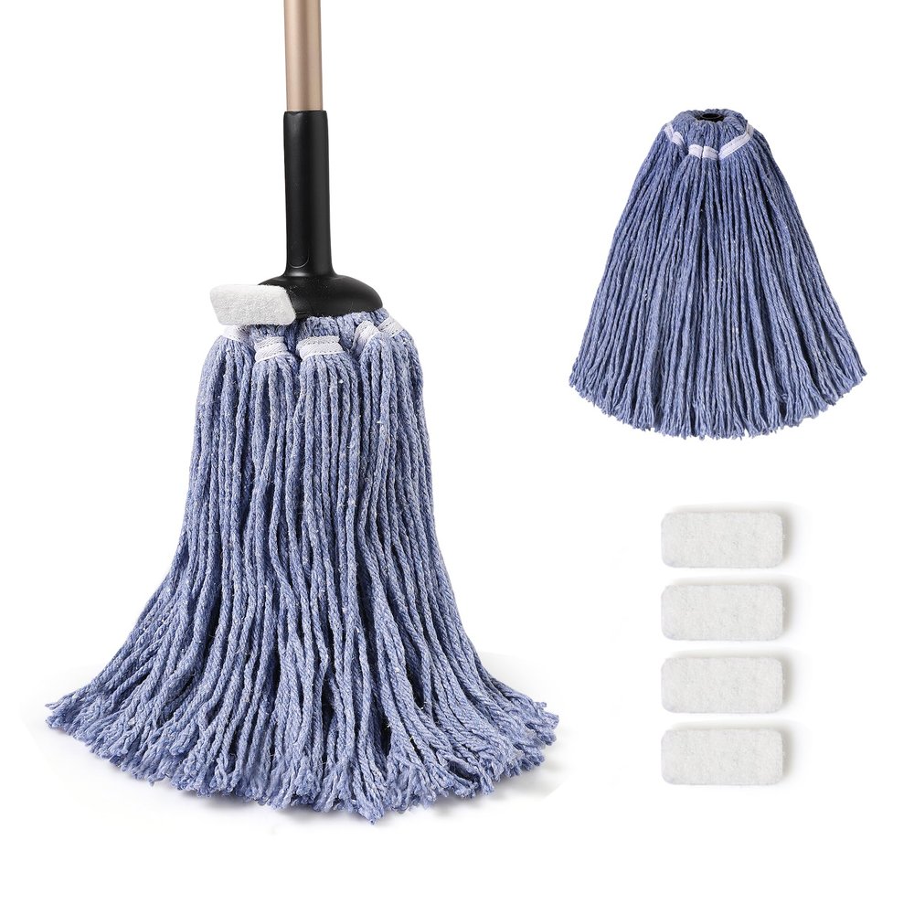 Eyliden String Mop With 2 Reusable Heads, Non-Touch Replacement for Floor Cleaning, 4 Scouring Pads, Adjustable Handle, Wet and Dry Cotton for Any Surfaces, Commercial Home, Blue