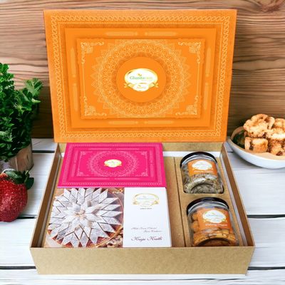 Ghasitaram Gifts Jaiccha Orange Hamper Box with Kaju Katli, Milk Cake, Flavour Raisins and Crunchy Cashews |Diwali,Holi,Valentine,Birthday,Anniversary,Gift for Her,Him,Mothers Day,Fathers Day|
