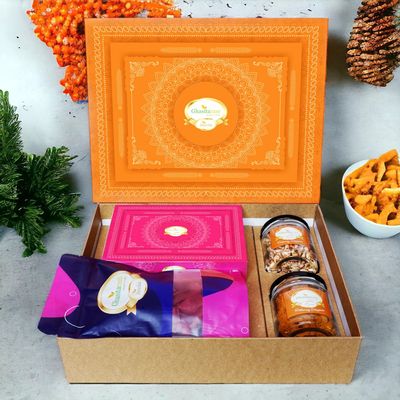 Ghasitaram Gifts Jaiccha Orange Hamper Box with Sugarfree Kaju Katli, Beetroot Chips, Wheat Puffs and Moong Chakli |Diwali,Holi,Valentine,Birthday,Anniversary,Gift for Her,Him,Mothers Day,Fathers Day|