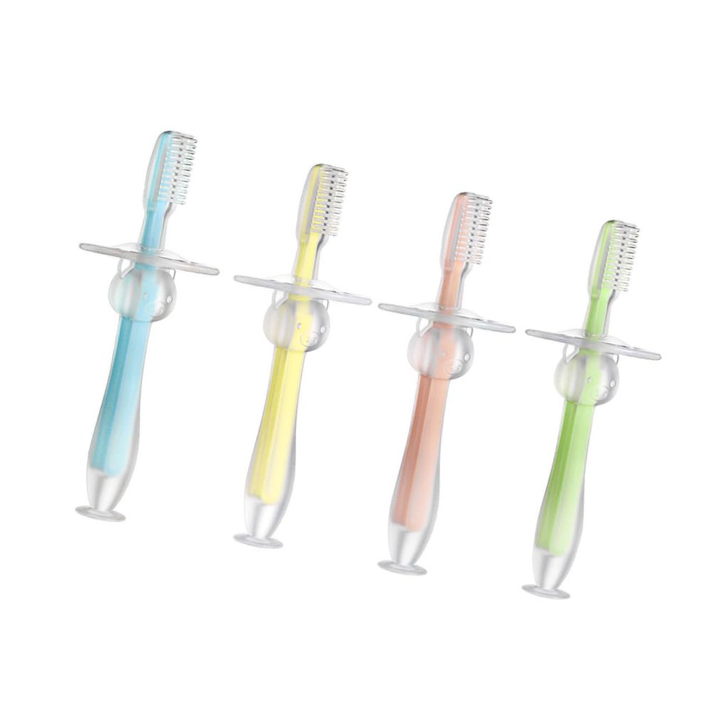 minkissy 4pcs Silicone Toothbrush with Suction Base Soft Bristles for Boy Girl Oral Care Easy Grip Teething Brush for Toddlers Blue Pink Green Yellow