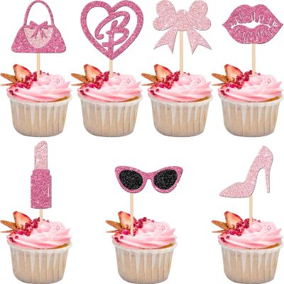 24 PCS Princess Cupcake Toppers Pink Girl Cupcake Toppers Picks Handbag Glasses Bow Lipstick Tie High Heel Cake Decorations for Wedding Bridal Shower Baby Shower Birthday Party Supplies
