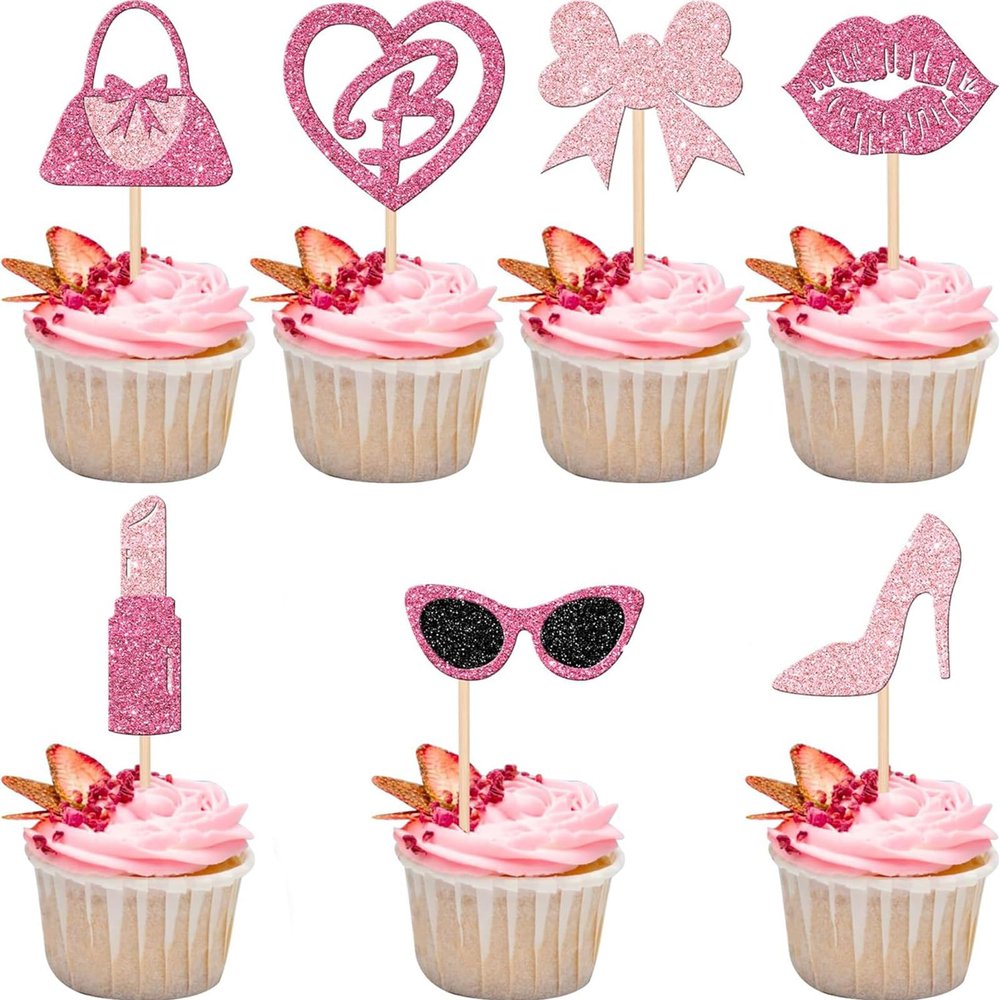 24 PCS Princess Cupcake Toppers Pink Girl Cupcake Toppers Picks Handbag Glasses Bow Lipstick Tie High Heel Cake Decorations for Wedding Bridal Shower Baby Shower Birthday Party Supplies