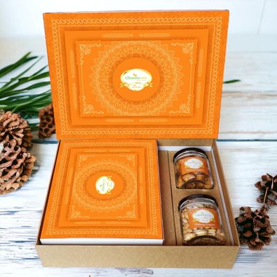 Ghasitaram Gifts Jaiccha Holi- Sweets/Holi Hampers/Thandai Ghasitaram Orange Hamper Box with Assorted Gujiyas, Bhakarwadi and Peanuts