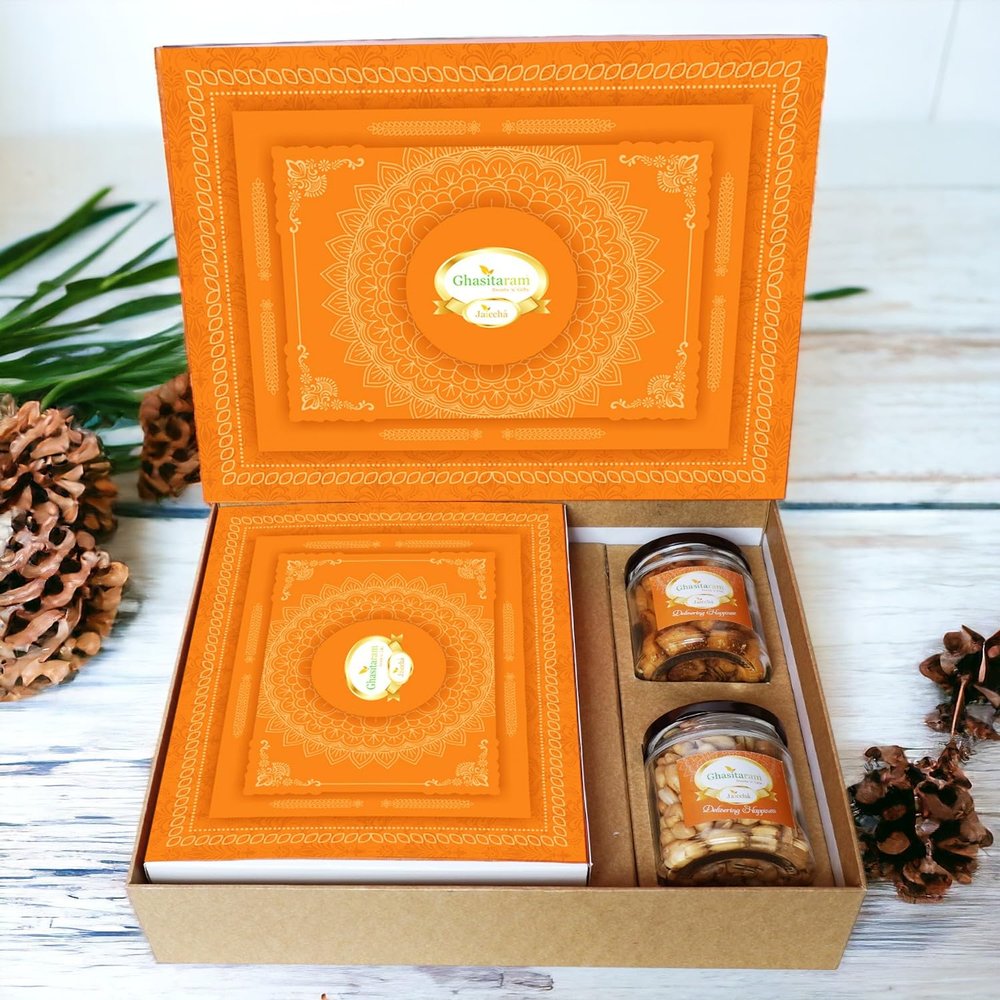 Ghasitaram Gifts Jaiccha Holi- Sweets/Holi Hampers/Thandai Ghasitaram Orange Hamper Box with Assorted Gujiyas, Bhakarwadi and Peanuts