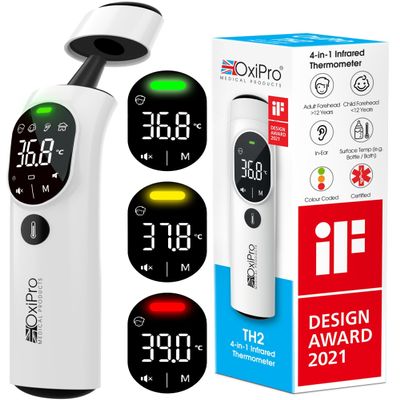 OxiPro TH2 Thermometer - IF Design Award Winner - German Sensor - In-Ear, Forehead, Non-Touch & Baby Modes - Infrared Thermometer for Newborn, Baby, Kids, Children & Adult Temperature Measurement