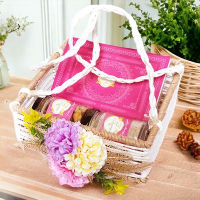 Ghasitaram Gifts Jaiccha Holi- Sweets/Holi Hampers/Thandai Jute Square Flower Basket of Gujiyas, Bhakar Wadi and Thandai