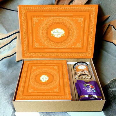 Ghasitaram Gifts Jaiccha Ghasitaram Orange Hamper Box with Sugarfree Kaju Katli, Sugarfree Bites and Wheat Puffs |Diwali,Holi,Valentine,Birthday,Anniversary,Gift for Her,Him,Mothers Day,Fathers Day|