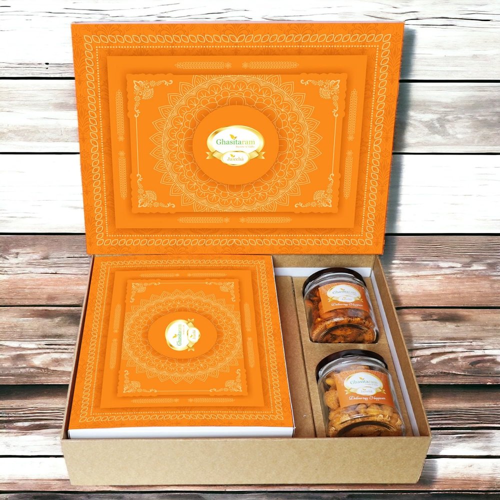 Ghasitaram Gifts Jaiccha Holi- Sweets/Holi Hampers/Thandai Ghasitaram Orange Hamper Box with Assorted Gujiyas, Crunchy Cashews and Mixed Nuts Jars