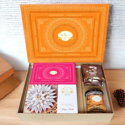 Ghasitaram Gifts Jaiccha Ghasitaram Orange Hamper Box with Kaju Katli, Milk Cake,MEWA Bites and Crunchy Cashews |Diwali,Holi,Valentine,Birthday,Anniversary,Gift for Her,Him,Mothers Day,Fathers Day|