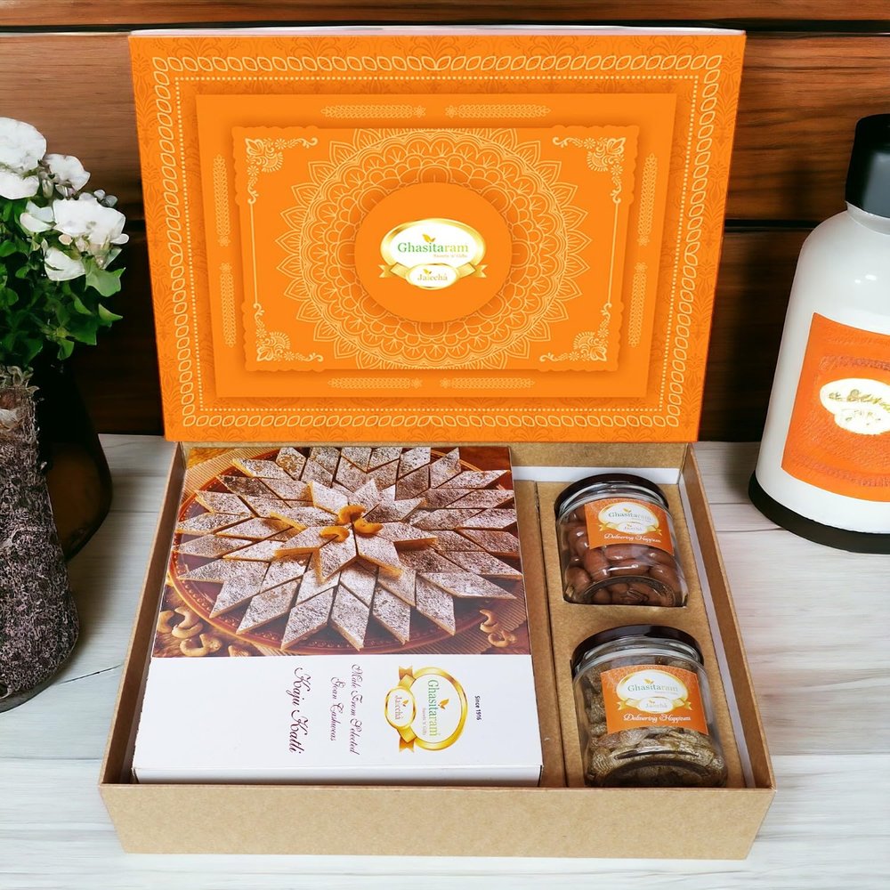 Ghasitaram Gifts Jaiccha Ghasitaram Orange Hamper Box with Kaju Katli, Choco Almonds, and Flavour Raisins |Diwali,Holi,Valentine,Birthday,Anniversary,Gift for Her,Him,Mothers Day,Fathers Day|