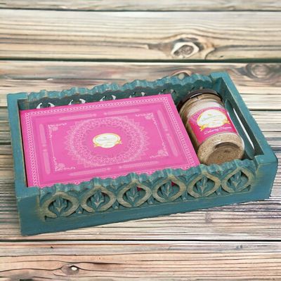 Ghasitaram Gifts Jaiccha Holi- Sweets/Holi Hampers/Thandai Blue Wooden Tray of Gujiyas and Thandai
