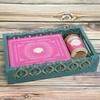 Ghasitaram Gifts Jaiccha Holi- Sweets/Holi Hampers/Thandai Blue Wooden Tray of Gujiyas and Thandai view 1