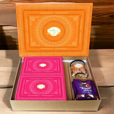 Ghasitaram Gifts Jaiccha Orange Hamper Box with Sugarfree Kaju Katli, Sugarfree Peda, Sugarfree Bites and Wheat Puffs |Diwali,Valentine,Birthday,Anniversary,Gift for Her,Him,Mothers Day,Fathers Day|