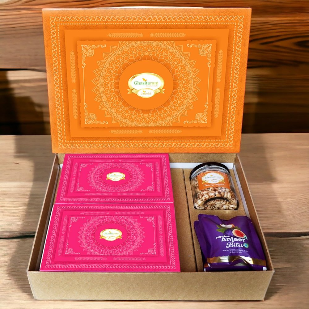 Ghasitaram Gifts Jaiccha Orange Hamper Box with Sugarfree Kaju Katli, Sugarfree Peda, Sugarfree Bites and Wheat Puffs |Diwali,Valentine,Birthday,Anniversary,Gift for Her,Him,Mothers Day,Fathers Day|