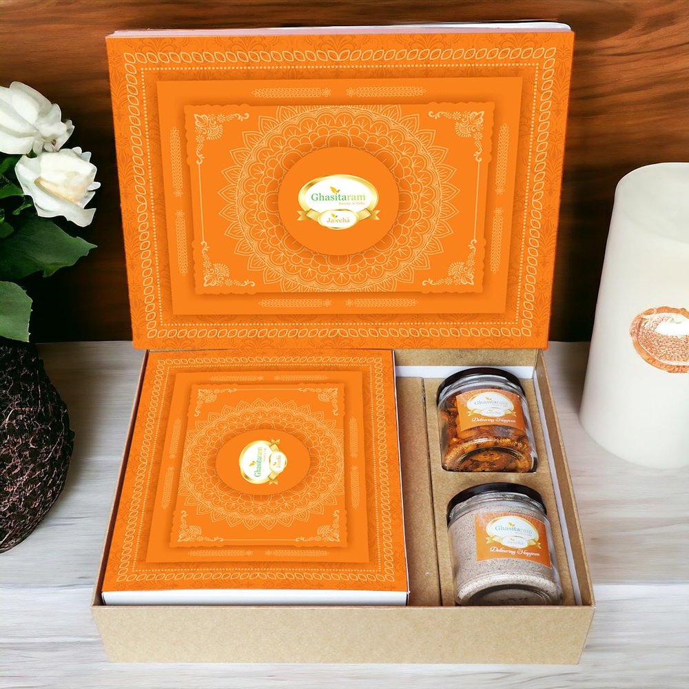 Ghasitaram Gifts Jaiccha Holi- Sweets/Holi Hampers/Thandai Ghasitaram Orange Hamper Box with Assorted Gujiyas, Thandai and Mixed Nuts Jars