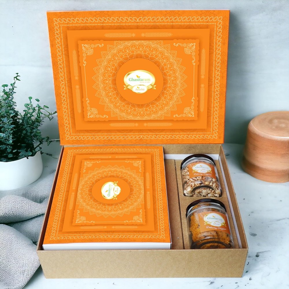 Ghasitaram Gifts Jaiccha Holi- Sweets/Holi Hampers/Thandai Ghasitaram Orange Hamper Box with Sugarfree Wheat Gujiyas, Wheat Puffs and Moong Chakli