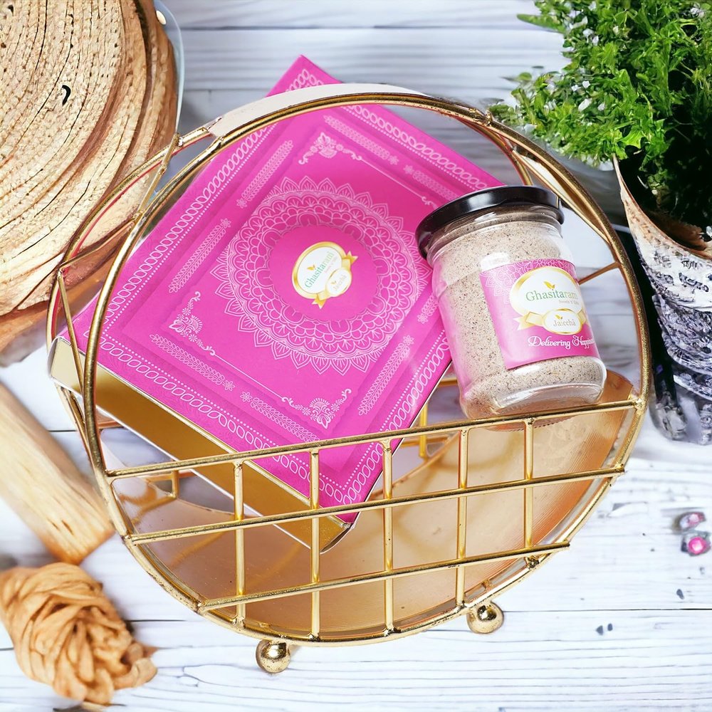 Ghasitaram Gifts Jaiccha Holi- Sweets/Holi Hampers/Thandai Moon Metal Basket of Gujiyas and Thandai