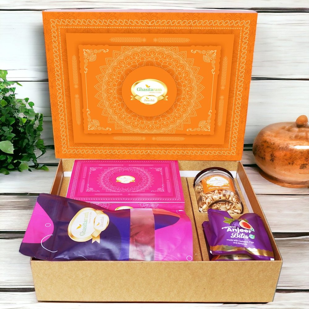 Ghasitaram Gifts Jaiccha Orange Hamper Box with Sugarfree Kaju Katli, Beetroot Chips,Wheat Puffs and Sugafree Bites|Diwali,Holi,Valentine,Birthday,Anniversary,Gift for Her,Him,Mothers Day,Fathers Day|