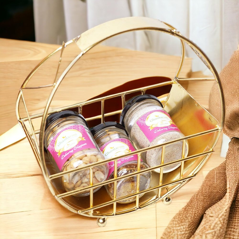 Ghasitaram Gifts Jaiccha Holi- Sweets/Holi Hampers/Thandai Moon Metal Basket of Thandai, Bhakarwadi and Peanuts